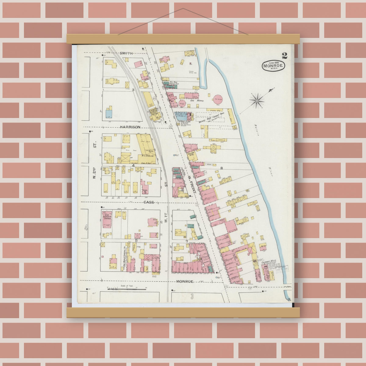 Old map wall art mockup — magnetic wood frame on brick wall — Sanborn Fire Insurance Map from Monroe, Monroe County, Michigan (1893), Sheet #0002