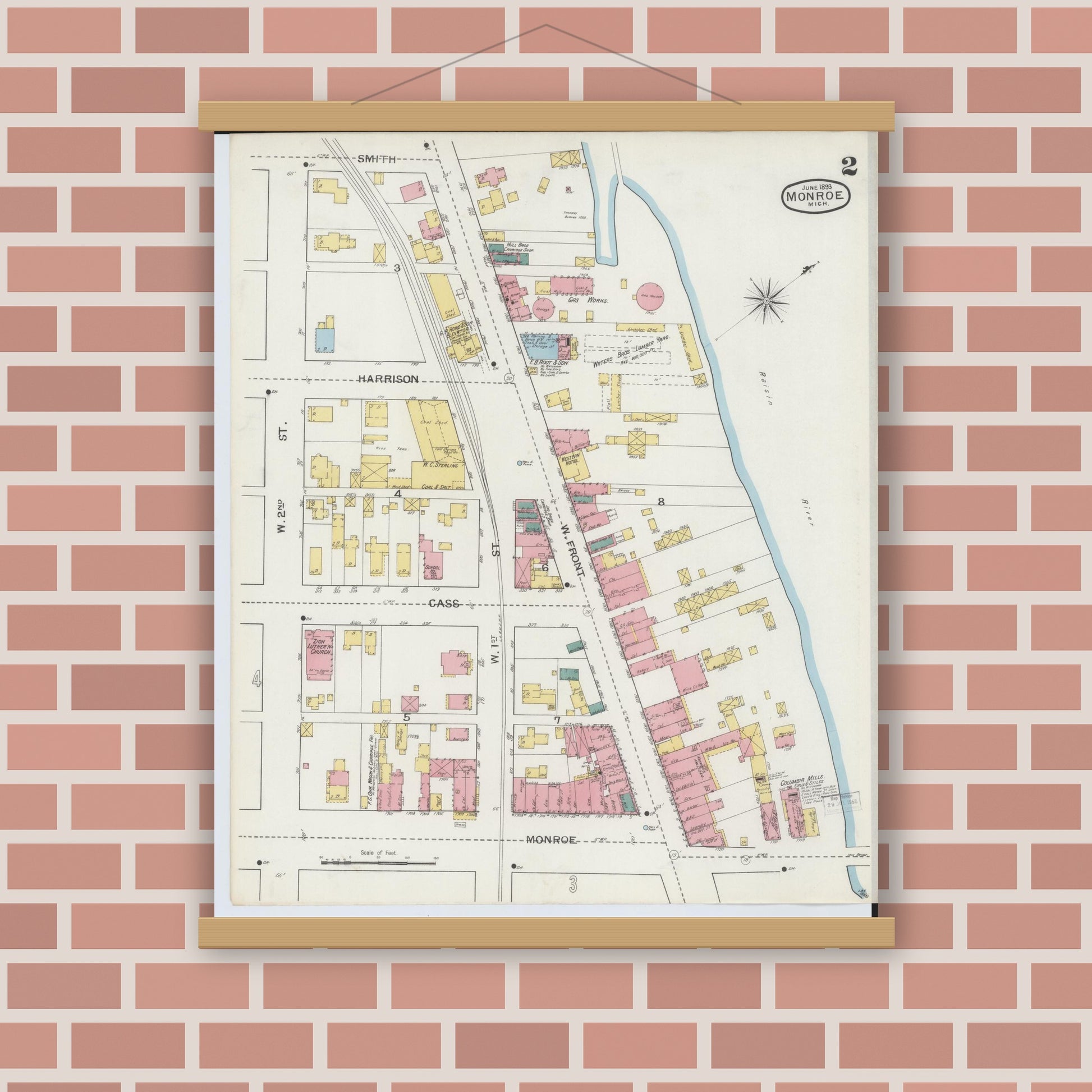 Old map wall art mockup — magnetic wood frame on brick wall — Sanborn Fire Insurance Map from Monroe, Monroe County, Michigan (1893), Sheet #0002
