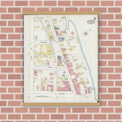 Old map wall art mockup — magnetic wood frame on brick wall — Sanborn Fire Insurance Map from Monroe, Monroe County, Michigan (1893), Sheet #0002