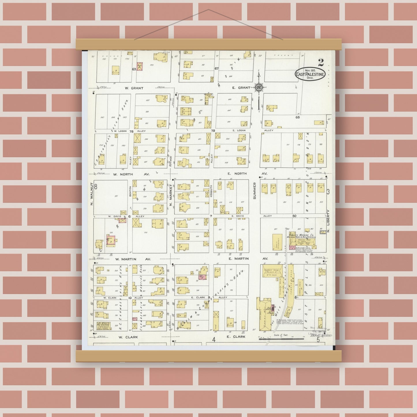 Old map wall art mockup — magnetic wood frame on brick wall — Sanborn Fire Insurance Map from East Palestine, Columbiana County, Ohio (1915), Sheet #0002