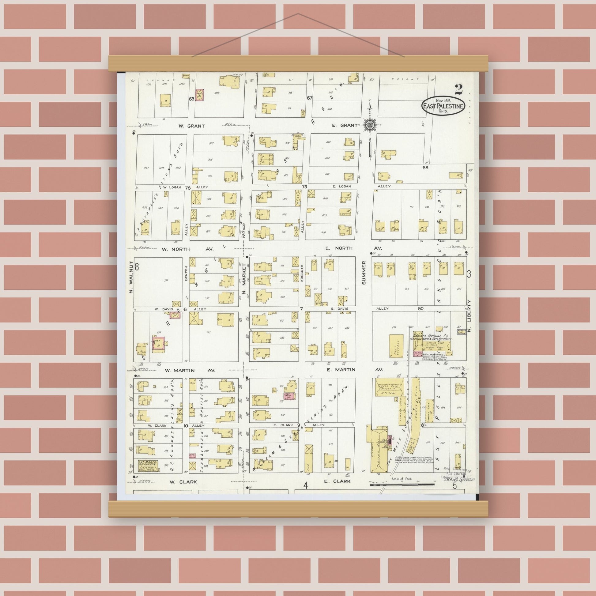 Old map wall art mockup — magnetic wood frame on brick wall — Sanborn Fire Insurance Map from East Palestine, Columbiana County, Ohio (1915), Sheet #0002
