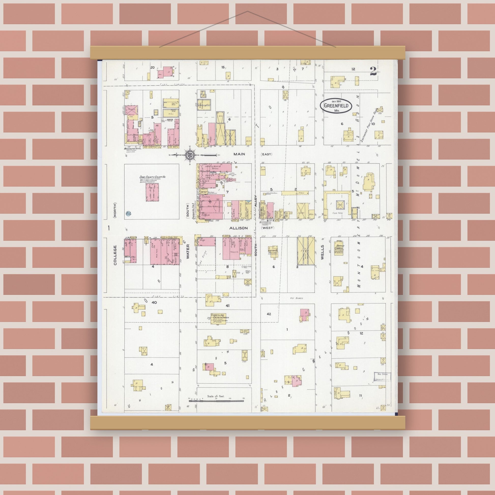 Old map wall art mockup — magnetic wood frame on brick wall — Sanborn Fire Insurance Map from Greenfield, Dade County, Missouri (1910), Sheet #0002