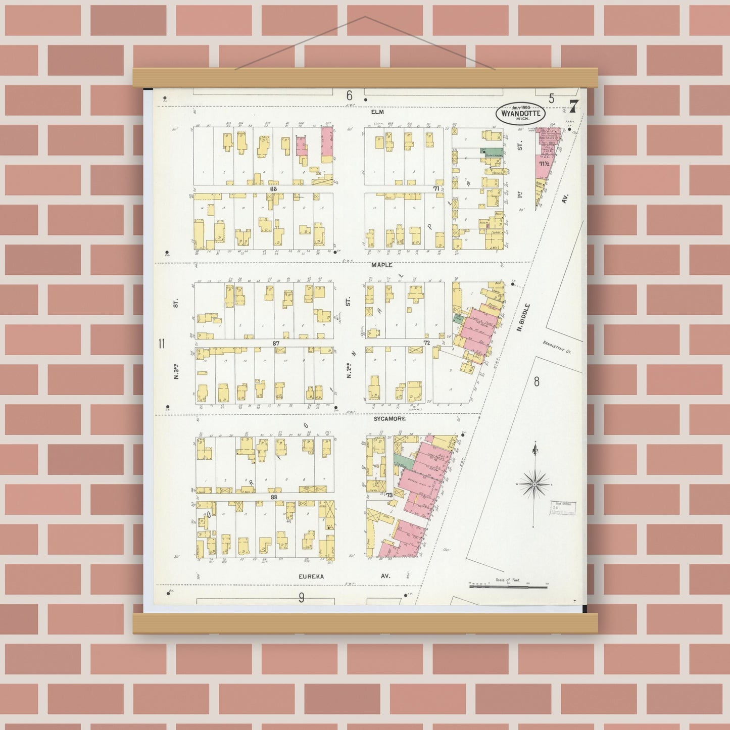 Old map wall art mockup — magnetic wood frame on brick wall — Sanborn Fire Insurance Map from Wyandotte, Wayne County, Michigan (1900), Sheet #0007