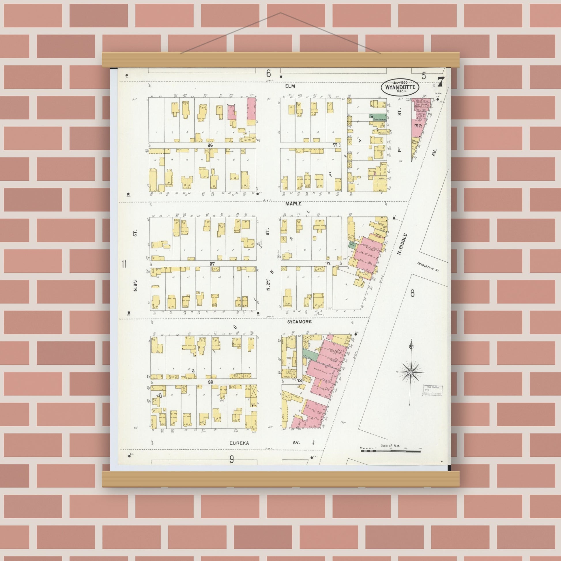 Old map wall art mockup — magnetic wood frame on brick wall — Sanborn Fire Insurance Map from Wyandotte, Wayne County, Michigan (1900), Sheet #0007