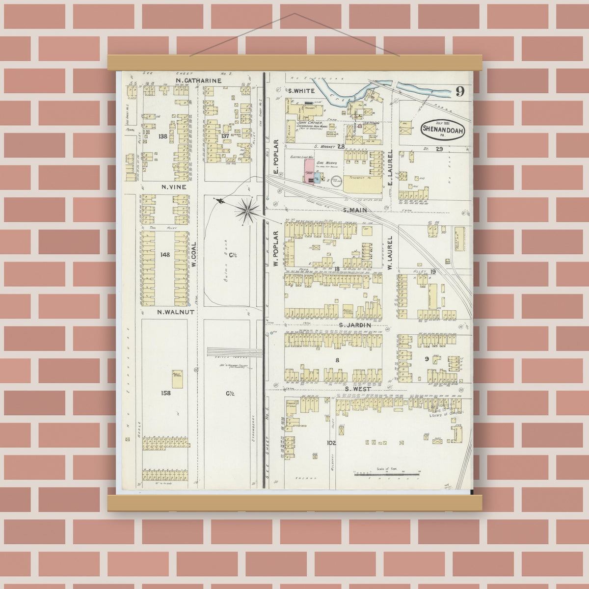 Old map wall art mockup — magnetic wood frame on brick wall — Sanborn Fire Insurance Map from Shenandoah, Schuylkill County, Pennsylvania (1891), Sheet #0009