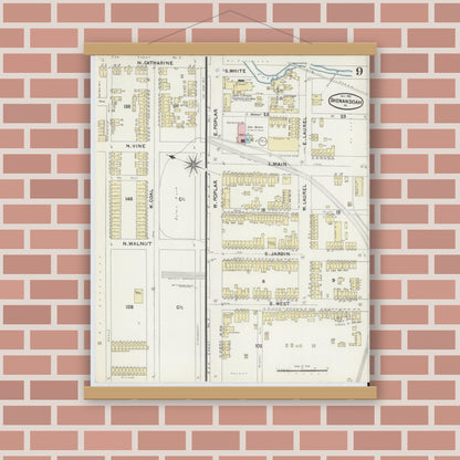 Old map wall art mockup — magnetic wood frame on brick wall — Sanborn Fire Insurance Map from Shenandoah, Schuylkill County, Pennsylvania (1891), Sheet #0009
