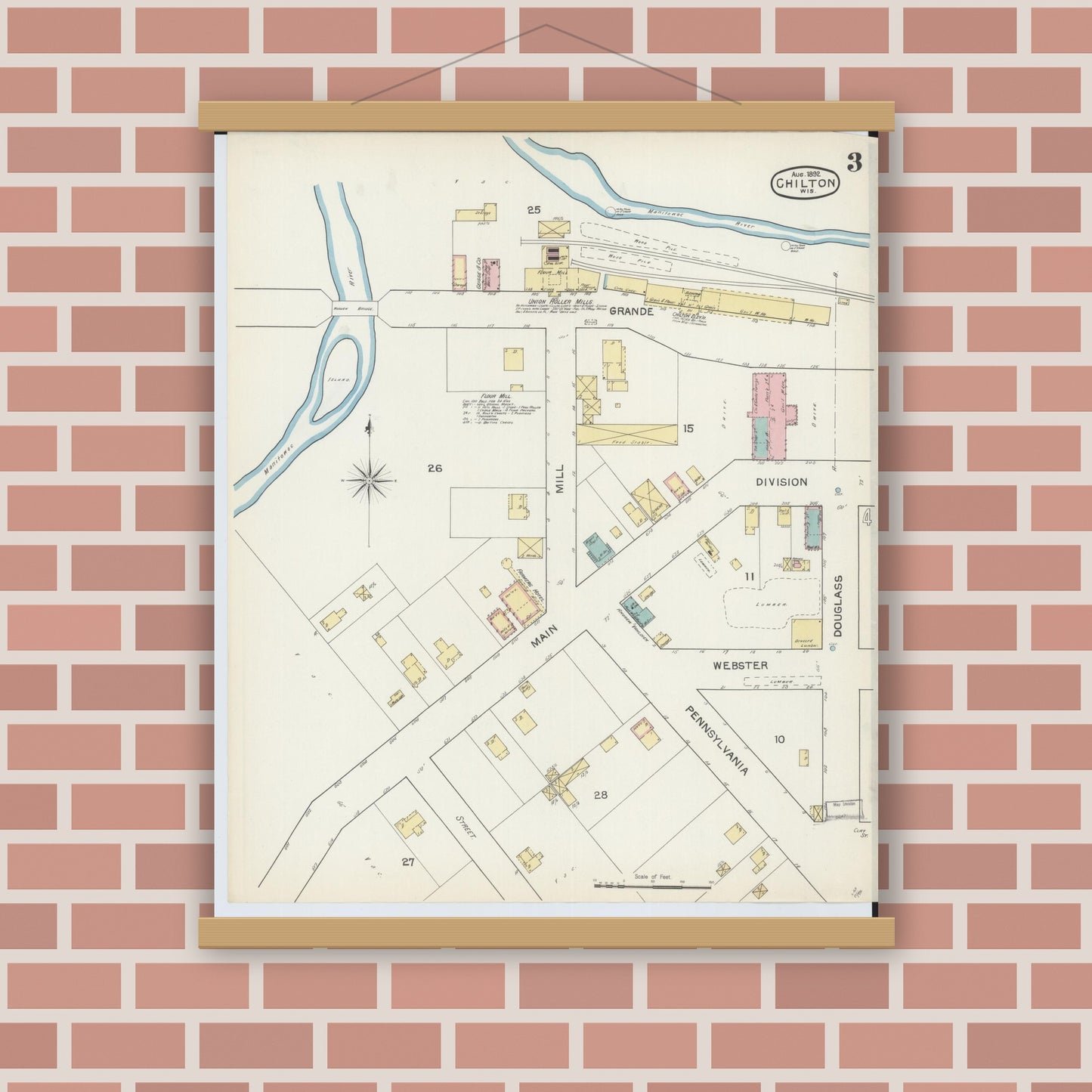 Old map wall art mockup — magnetic wood frame on brick wall — Sanborn Fire Insurance Map from Chilton, Calumet County, Wisconsin (1892), Sheet #0003