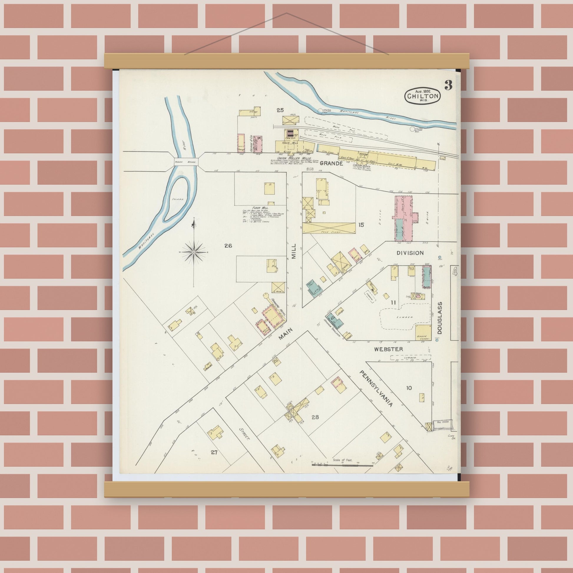 Old map wall art mockup — magnetic wood frame on brick wall — Sanborn Fire Insurance Map from Chilton, Calumet County, Wisconsin (1892), Sheet #0003
