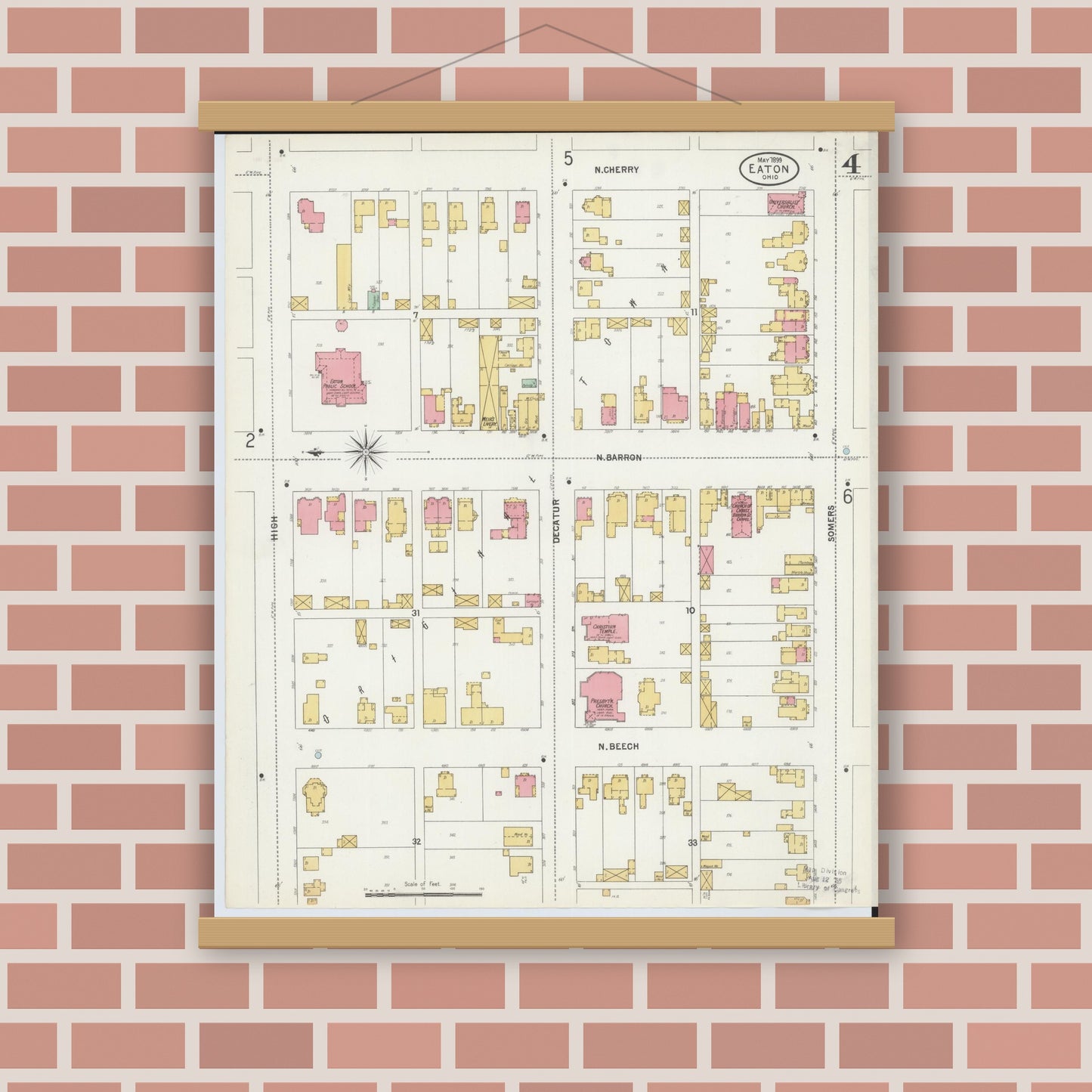 Old map wall art mockup — magnetic wood frame on brick wall — Sanborn Fire Insurance Map from Eaton, Preble County, Ohio (1899), Sheet #0004