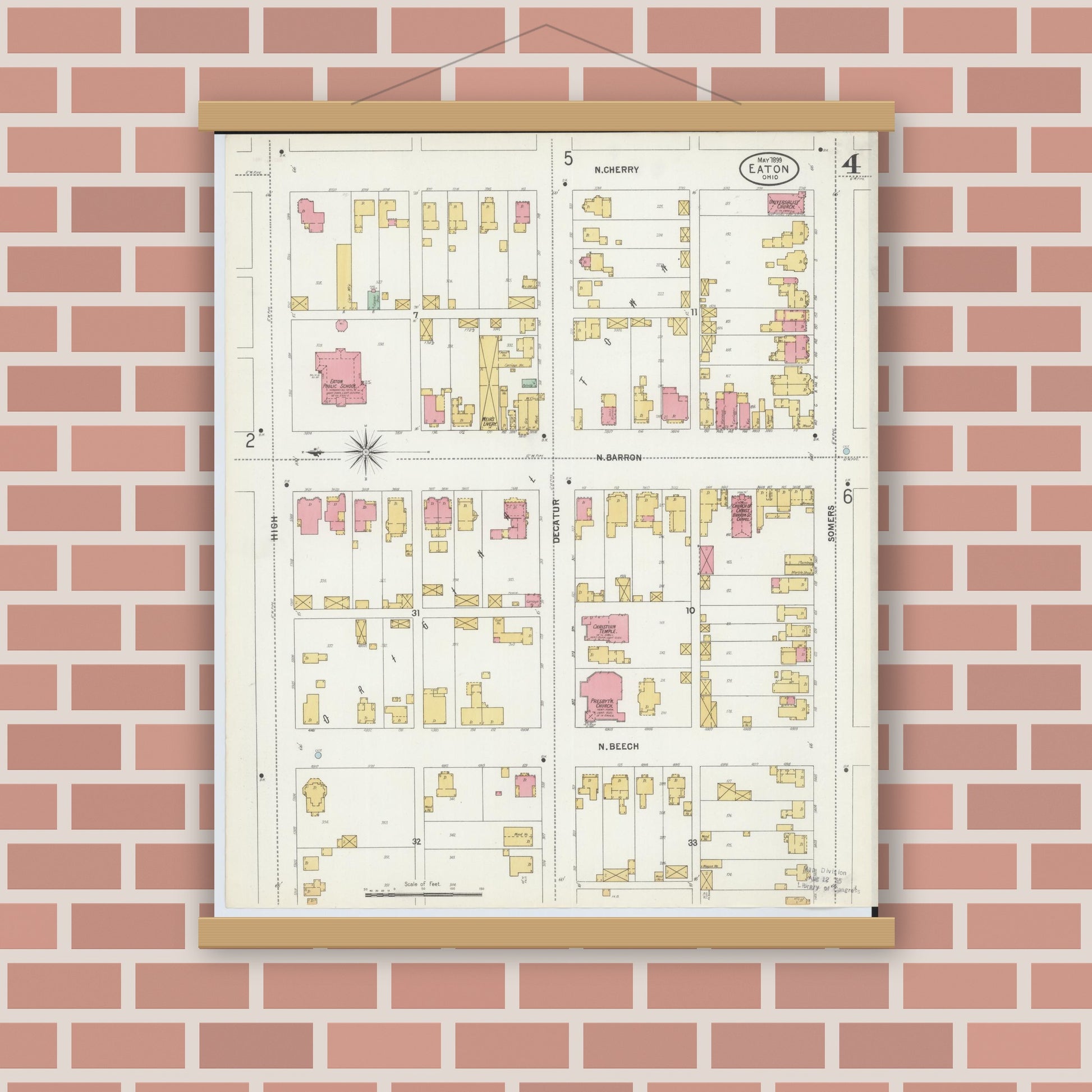 Old map wall art mockup — magnetic wood frame on brick wall — Sanborn Fire Insurance Map from Eaton, Preble County, Ohio (1899), Sheet #0004