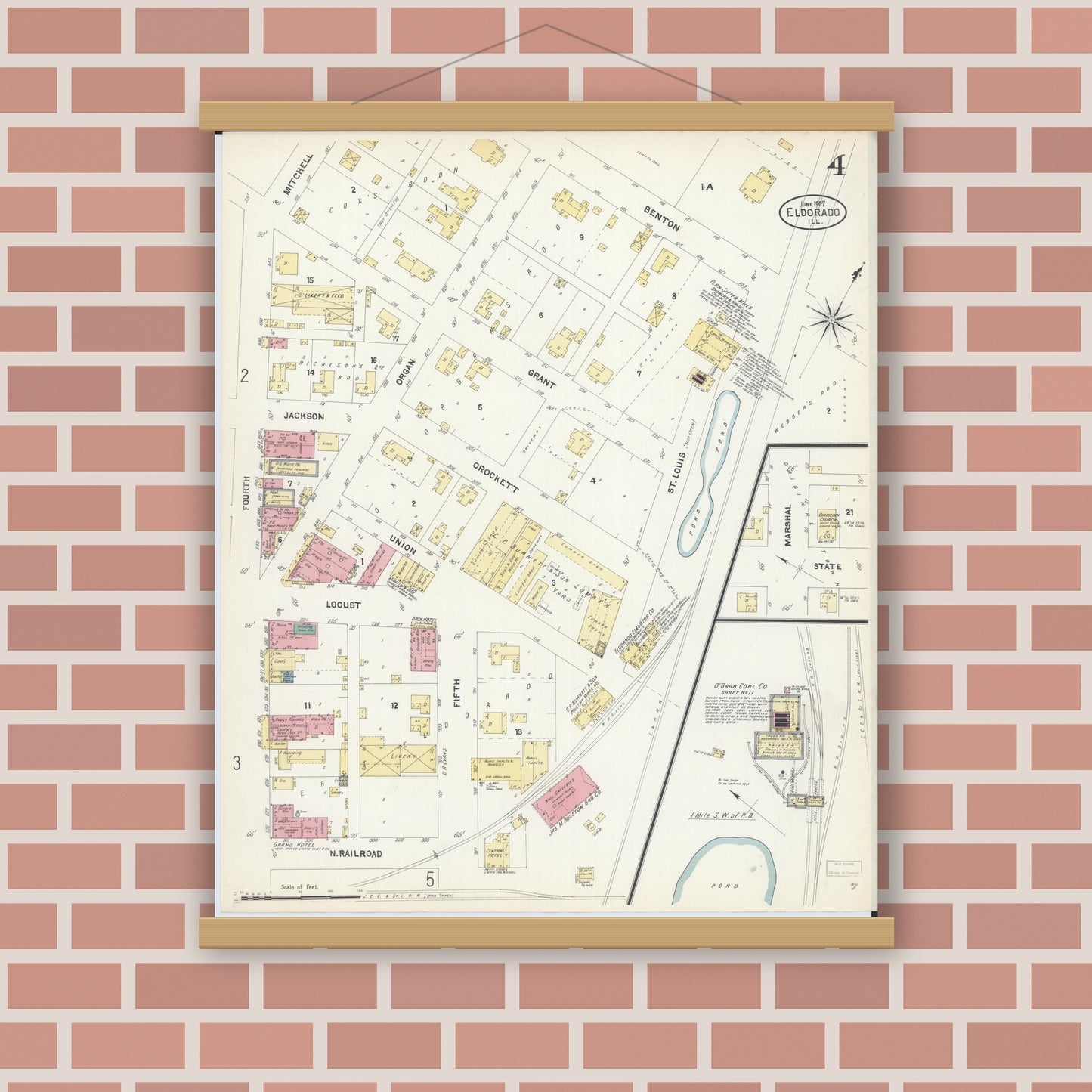 Old map wall art mockup — magnetic wood frame on brick wall — Sanborn Fire Insurance Map from Eldorado, Saline County, Illinois (1907), Sheet #0004