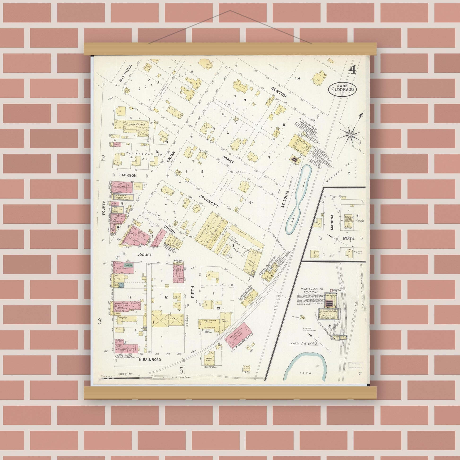 Old map wall art mockup — magnetic wood frame on brick wall — Sanborn Fire Insurance Map from Eldorado, Saline County, Illinois (1907), Sheet #0004