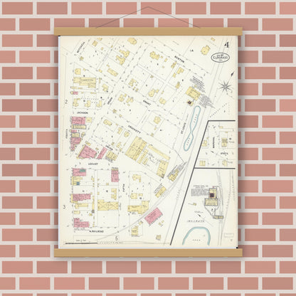 Old map wall art mockup — magnetic wood frame on brick wall — Sanborn Fire Insurance Map from Eldorado, Saline County, Illinois (1907), Sheet #0004