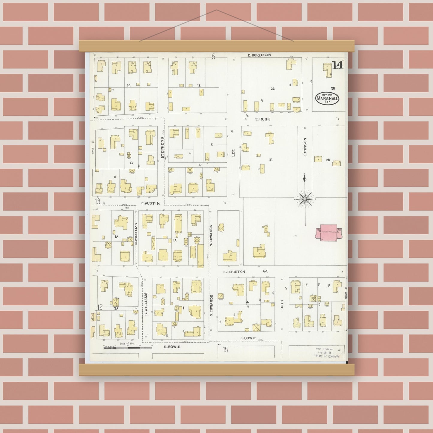 Old map wall art mockup — magnetic wood frame on brick wall — Sanborn Fire Insurance Map from Marshall, Harrison County, Texas (1904), Sheet #0014