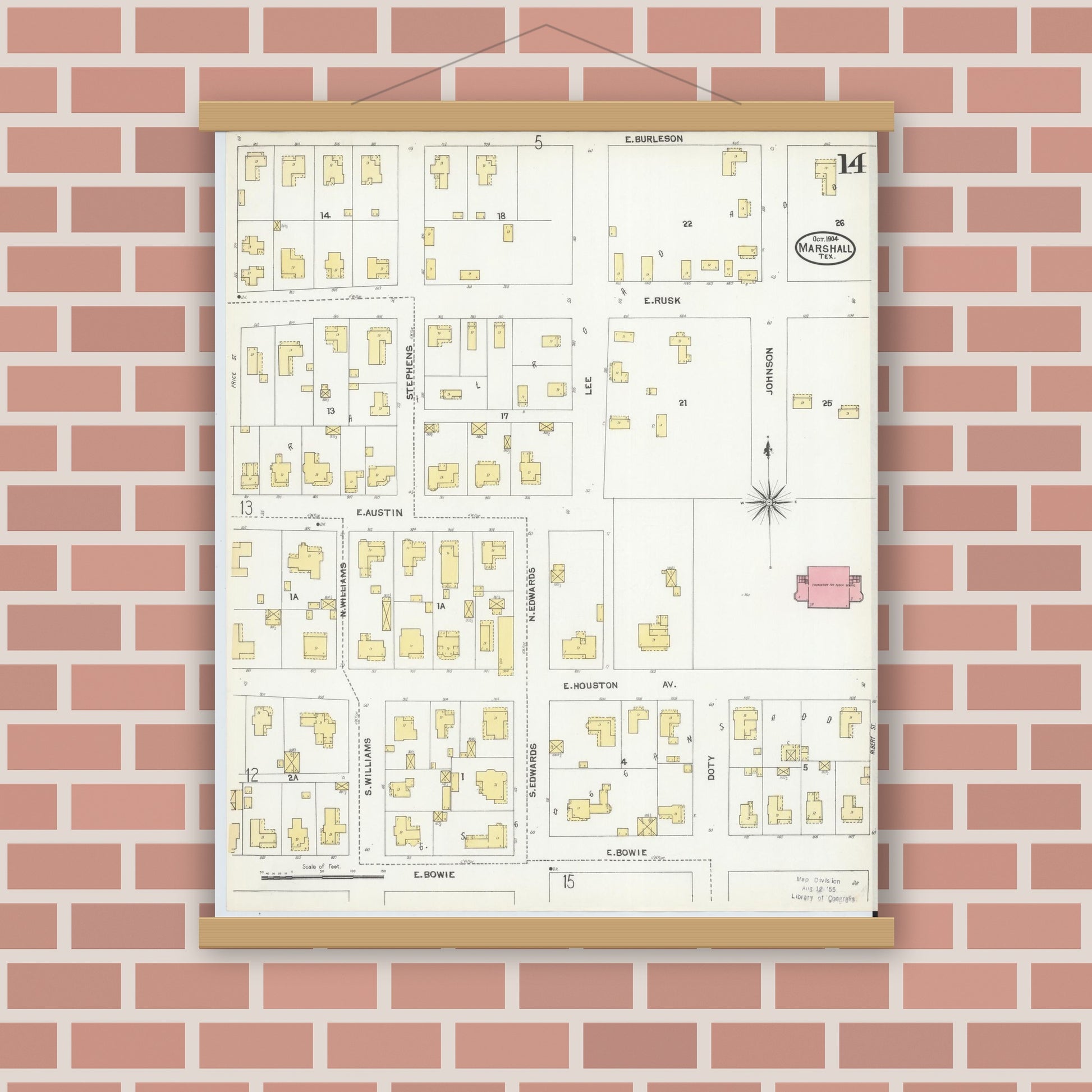 Old map wall art mockup — magnetic wood frame on brick wall — Sanborn Fire Insurance Map from Marshall, Harrison County, Texas (1904), Sheet #0014