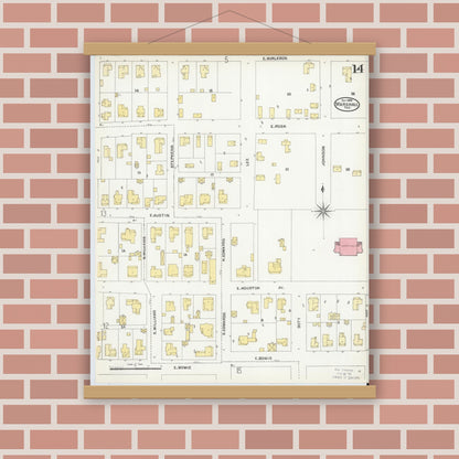 Old map wall art mockup — magnetic wood frame on brick wall — Sanborn Fire Insurance Map from Marshall, Harrison County, Texas (1904), Sheet #0014