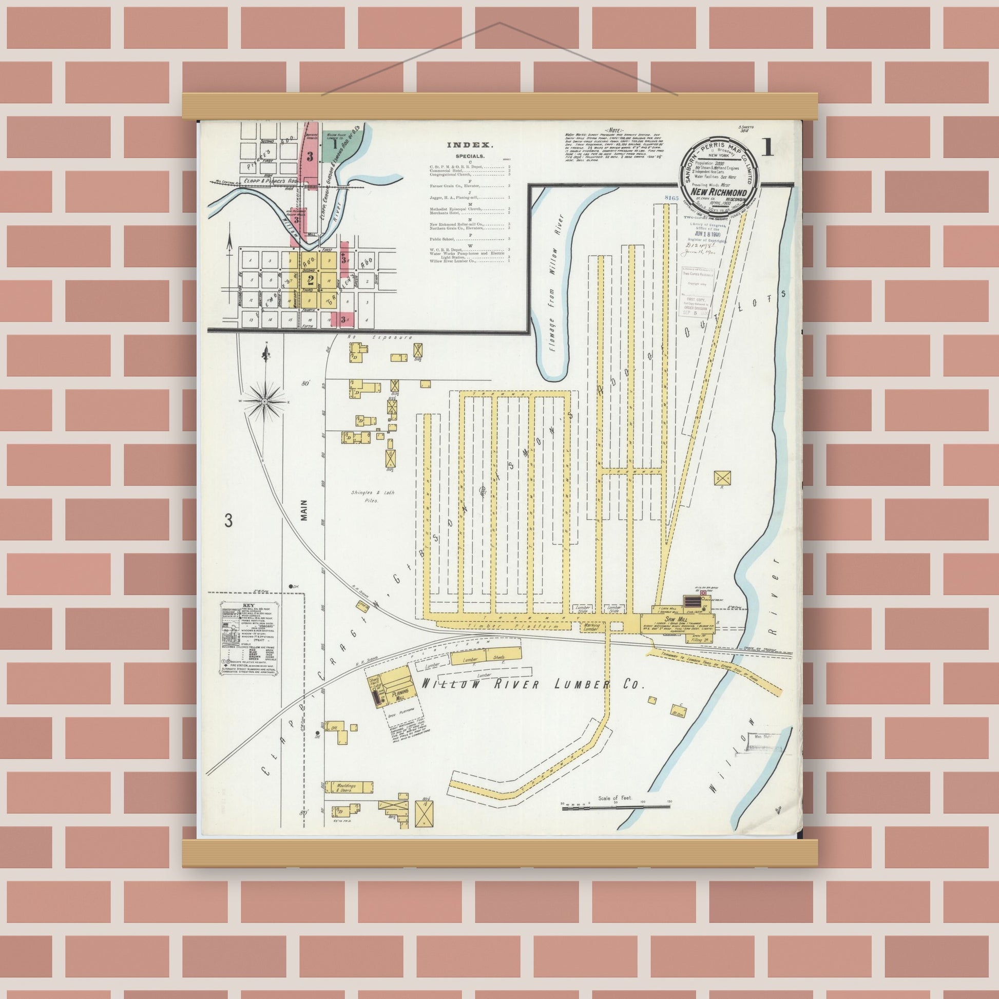Old map wall art mockup — magnetic wood frame on brick wall — Sanborn Fire Insurance Map from New Richmond, St. Croix County, Wisconsin (1900), Sheet #0001