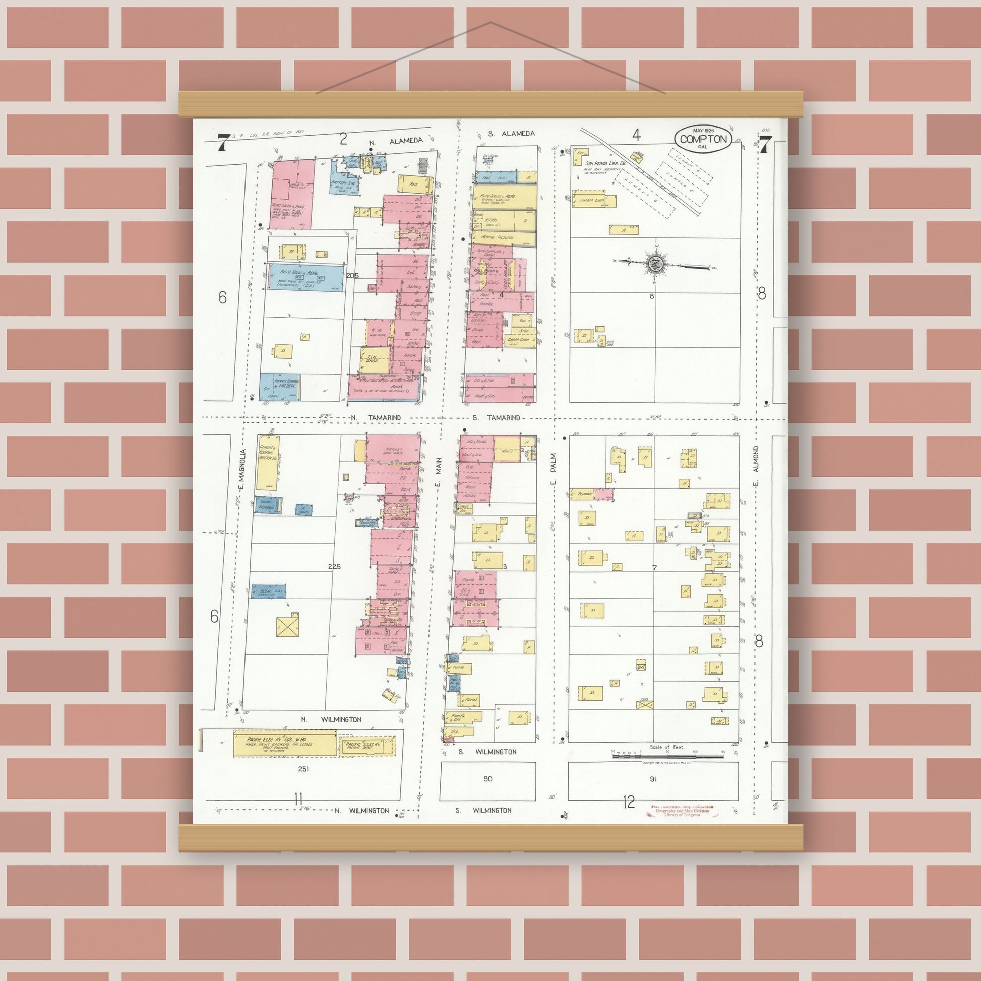 Old map wall art mockup — magnetic wood frame on brick wall — Sanborn Fire Insurance Map from Compton, Los Angeles County, California (1925), Sheet #0007