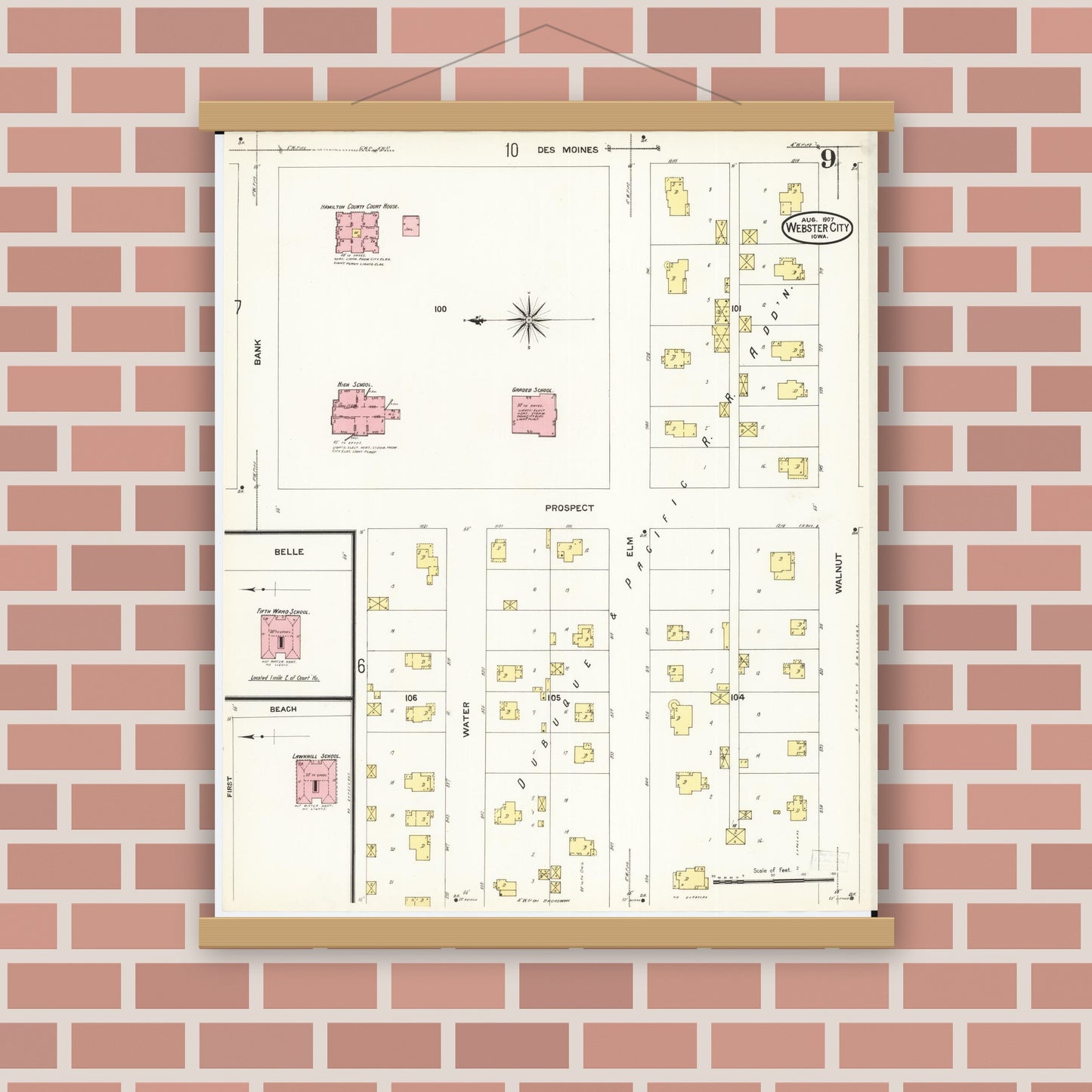 Old map wall art mockup — magnetic wood frame on brick wall — Sanborn Fire Insurance Map from Webster City, Hamilton County, Iowa (1907), Sheet #0009