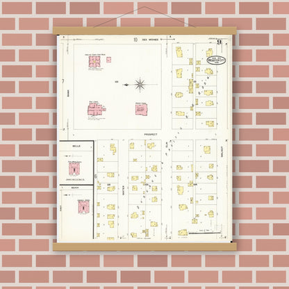Old map wall art mockup — magnetic wood frame on brick wall — Sanborn Fire Insurance Map from Webster City, Hamilton County, Iowa (1907), Sheet #0009