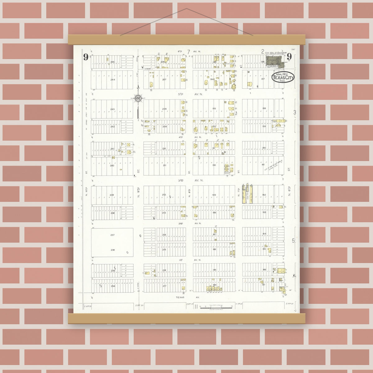 Old map wall art mockup — magnetic wood frame on brick wall — Sanborn Fire Insurance Map from Texas City, Galveston County, Texas (1931), Sheet #0009