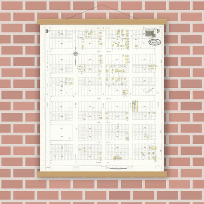 Old map wall art mockup — magnetic wood frame on brick wall — Sanborn Fire Insurance Map from Texas City, Galveston County, Texas (1931), Sheet #0009