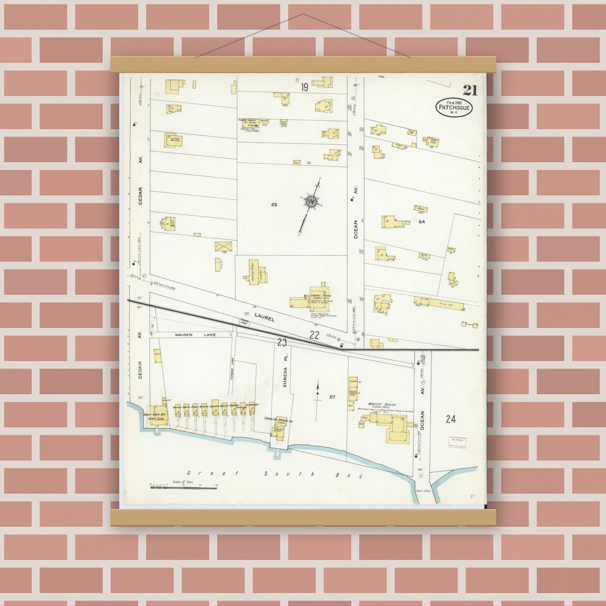 Old map wall art mockup — magnetic wood frame on brick wall — Sanborn Fire Insurance Map from Patchogue, Suffolk County, New York (1910), Sheet #0021