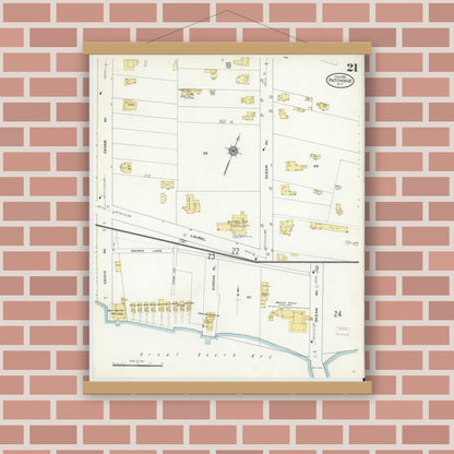 Old map wall art mockup — magnetic wood frame on brick wall — Sanborn Fire Insurance Map from Patchogue, Suffolk County, New York (1910), Sheet #0021