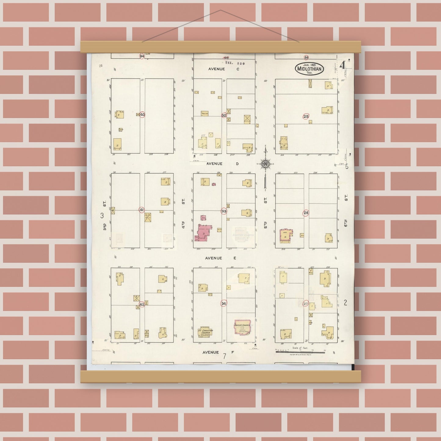 Old map wall art mockup — magnetic wood frame on brick wall — Sanborn Fire Insurance Map from Midlothian, Ellis County, Texas (1944), Sheet #0004