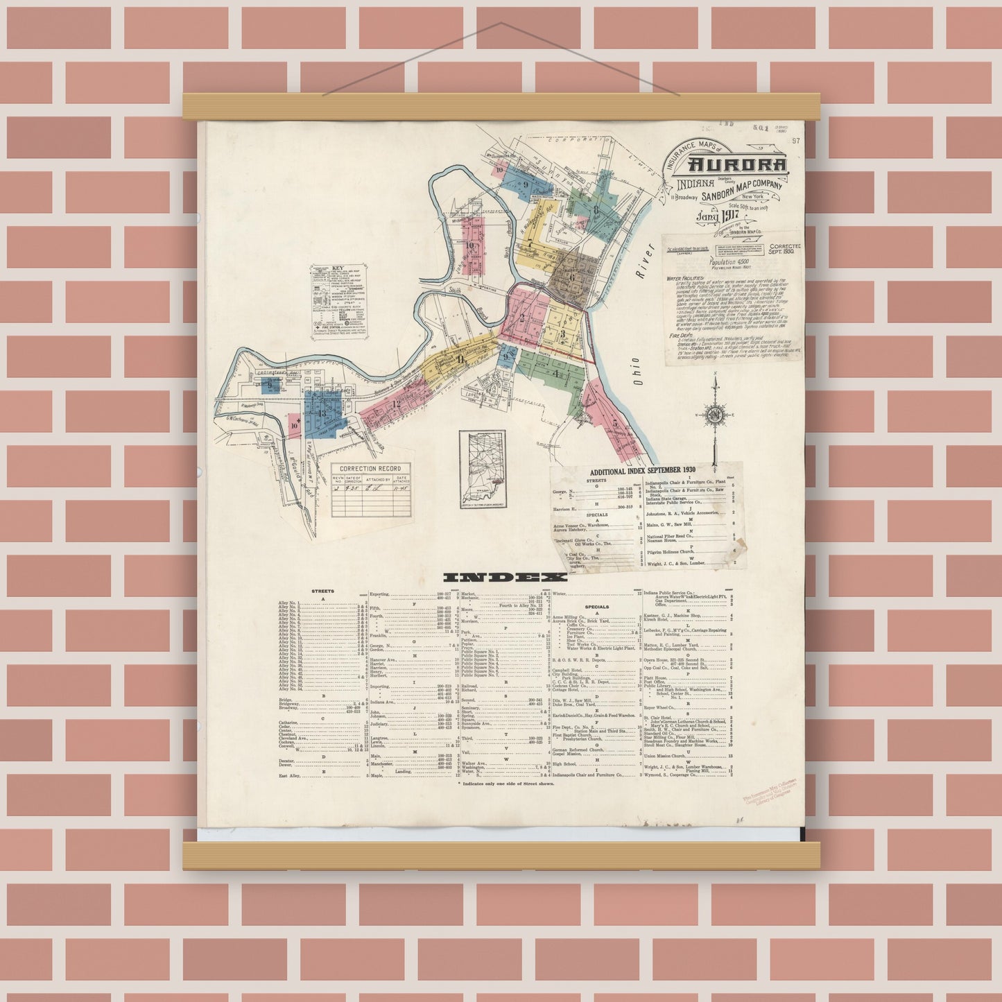 Old map wall art mockup — magnetic wood frame on brick wall — Sanborn Fire Insurance Map from Aurora, Dearborn County, Indiana (1935) - Complete Map Set