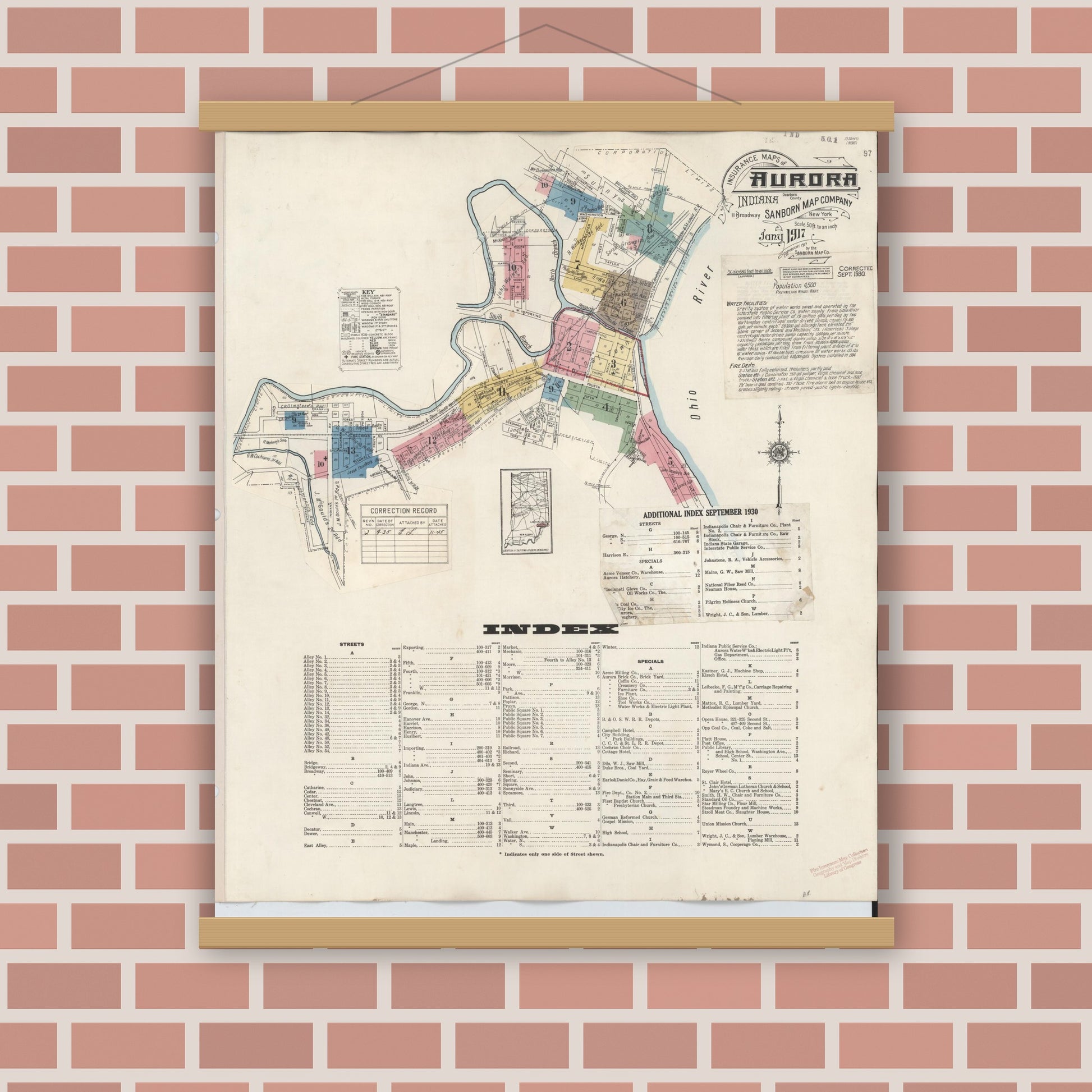 Old map wall art mockup — magnetic wood frame on brick wall — Sanborn Fire Insurance Map from Aurora, Dearborn County, Indiana (1935) - Complete Map Set