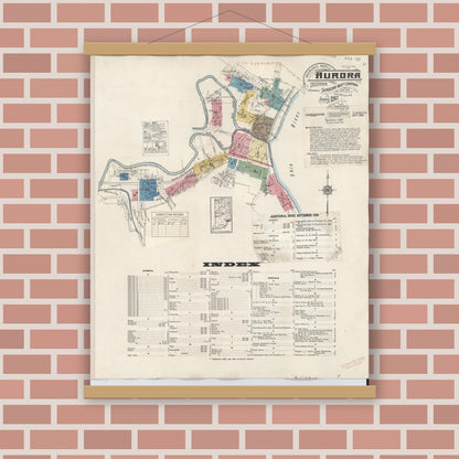 Old map wall art mockup — magnetic wood frame on brick wall — Sanborn Fire Insurance Map from Aurora, Dearborn County, Indiana (1935) - Complete Map Set
