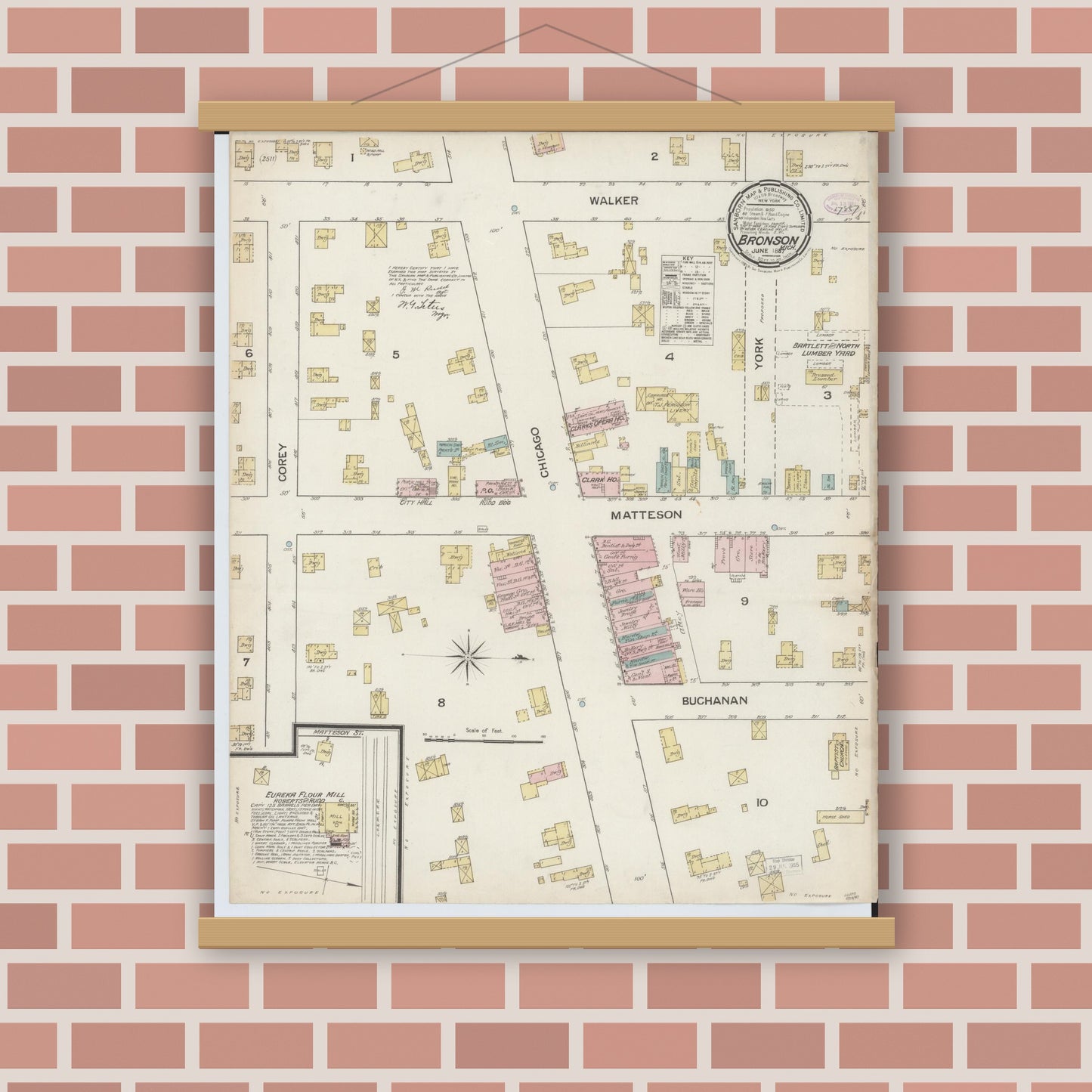 Old map wall art mockup — magnetic wood frame on brick wall — Sanborn Fire Insurance Map from Bronson, Branch County, Michigan (1887), Sheet #0001