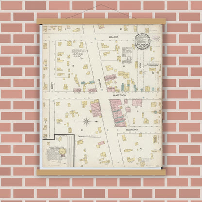 Old map wall art mockup — magnetic wood frame on brick wall — Sanborn Fire Insurance Map from Bronson, Branch County, Michigan (1887), Sheet #0001