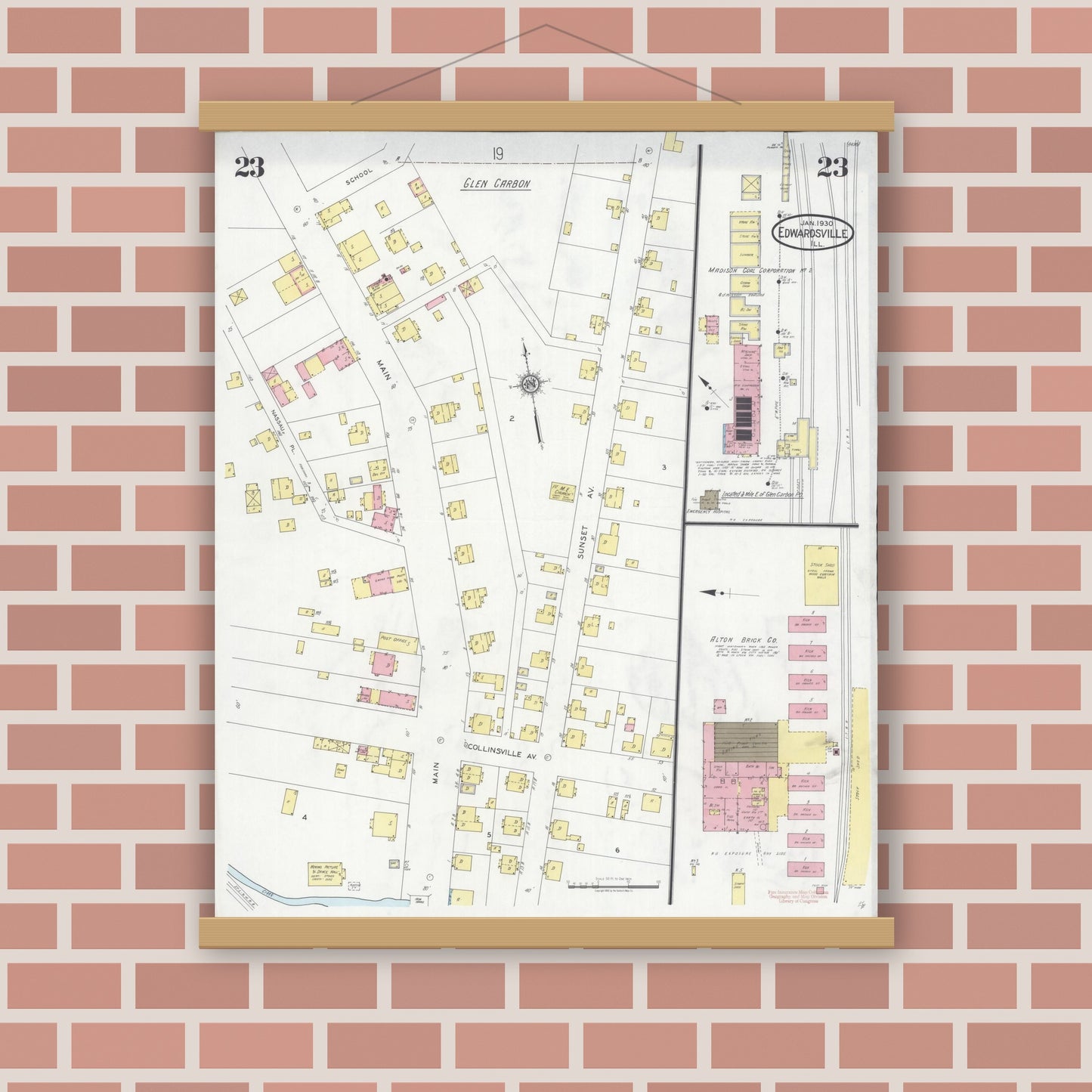 Old map wall art mockup — magnetic wood frame on brick wall — Sanborn Fire Insurance Map from Edwardsville, Madison County, Illinois (1930), Sheet #0023