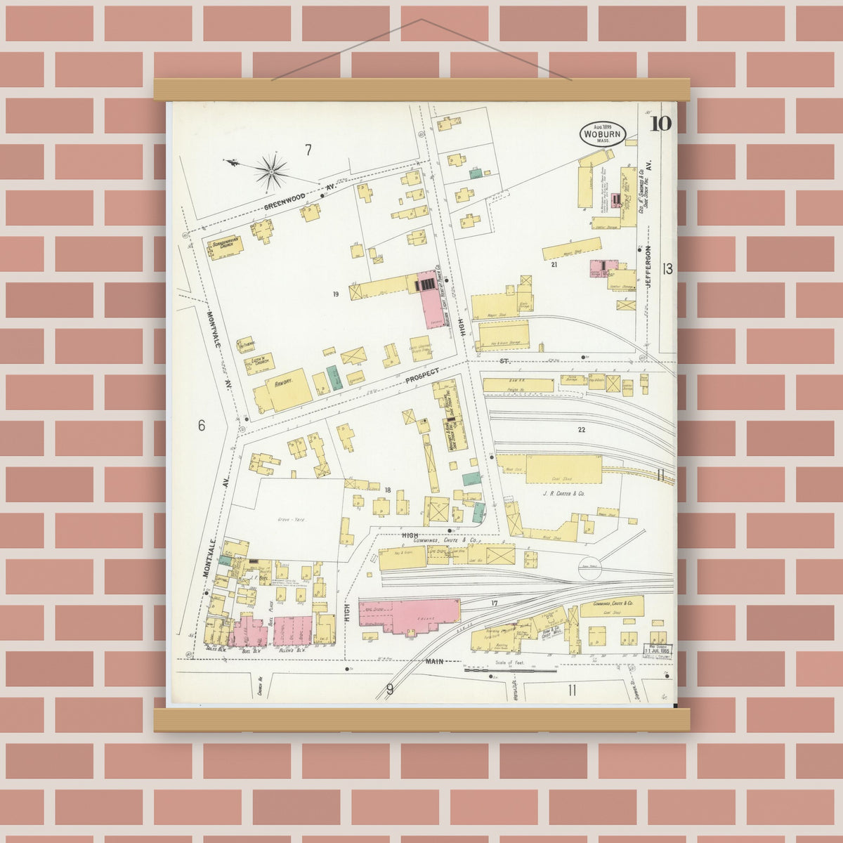 Old map wall art mockup — magnetic wood frame on brick wall — Sanborn Fire Insurance Map from Woburn, Middlesex County, Massachusetts (1899), Sheet #0010