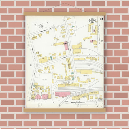 Old map wall art mockup — magnetic wood frame on brick wall — Sanborn Fire Insurance Map from Woburn, Middlesex County, Massachusetts (1899), Sheet #0010