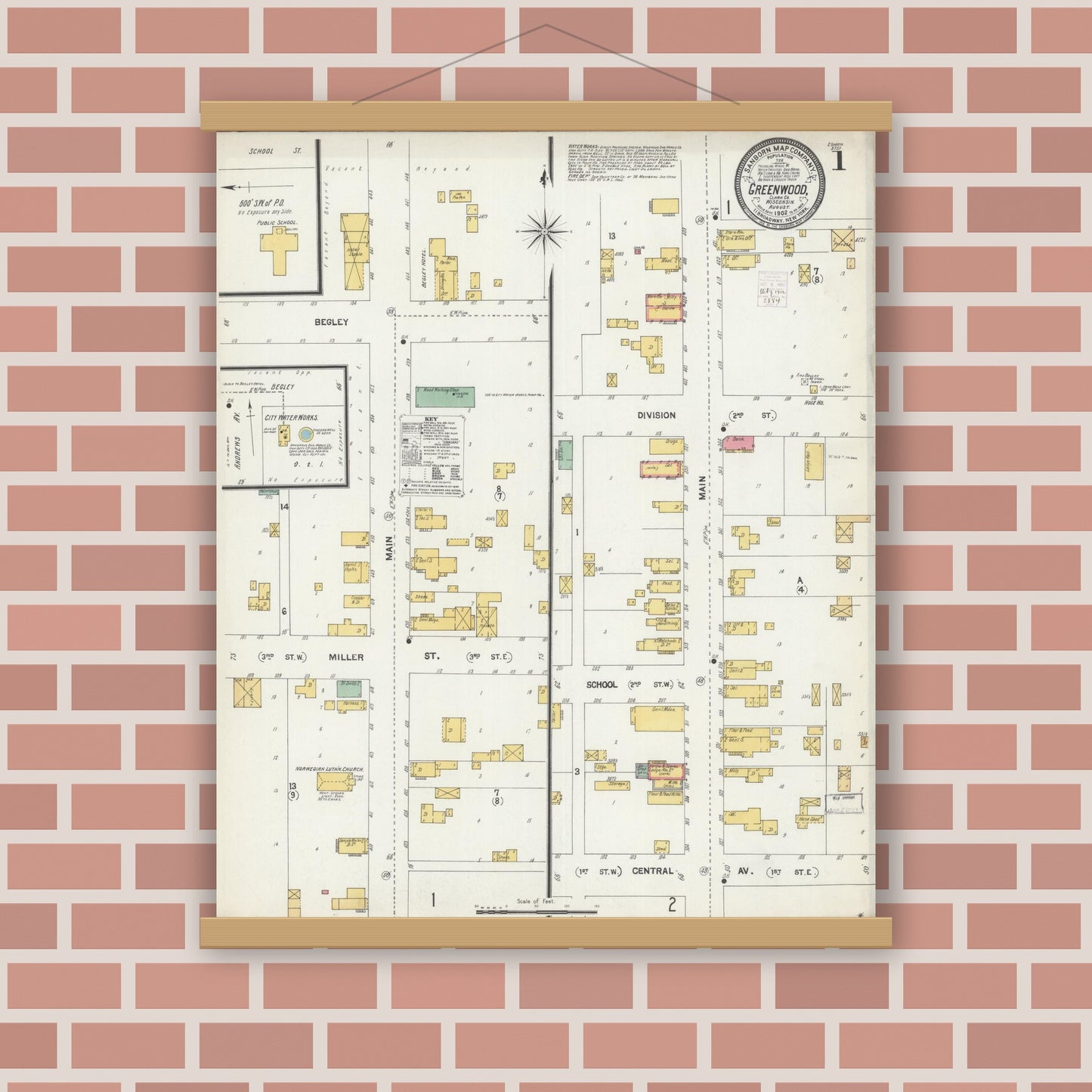 Old map wall art mockup — magnetic wood frame on brick wall — Sanborn Fire Insurance Map from Greenwood, Clark County, Wisconsin (1902) - Complete Map Set