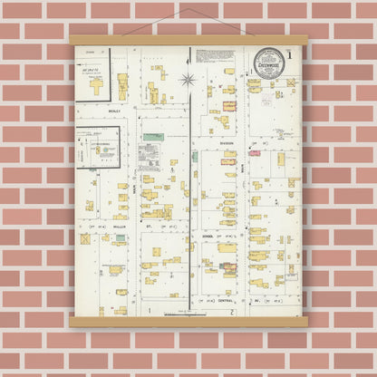 Old map wall art mockup — magnetic wood frame on brick wall — Sanborn Fire Insurance Map from Greenwood, Clark County, Wisconsin (1902) - Complete Map Set