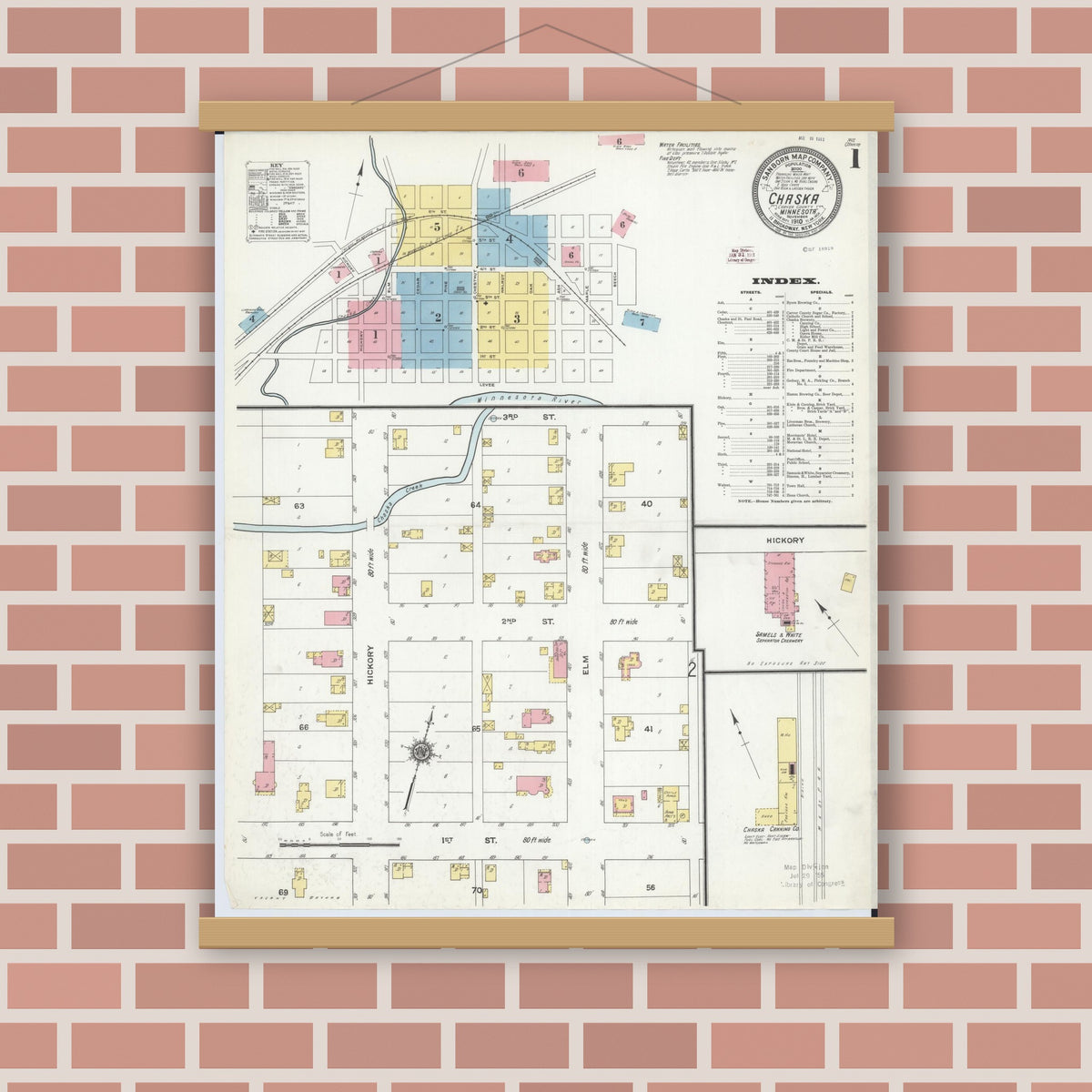 Old map wall art mockup — magnetic wood frame on brick wall — Sanborn Fire Insurance Map from Chaska, Carver County, Minnesota (1910) - Complete Map Set