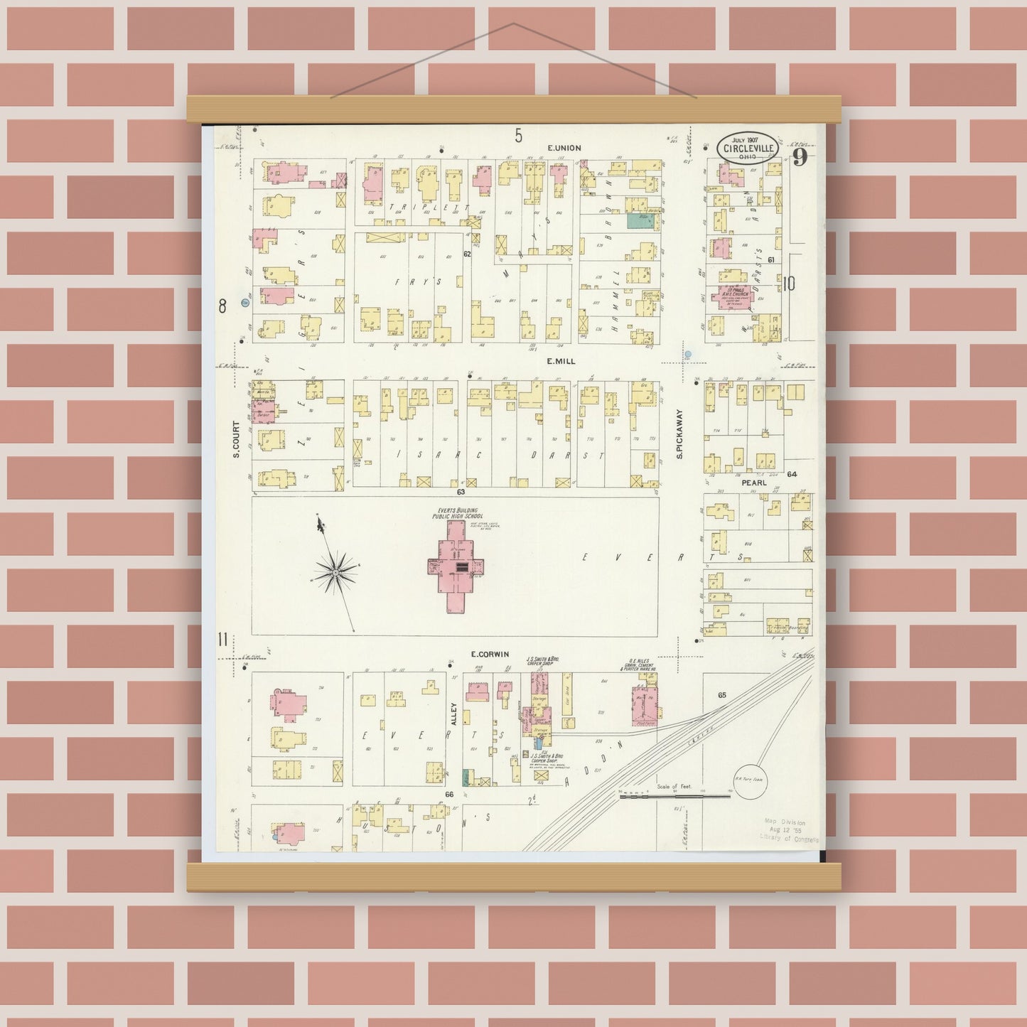 Old map wall art mockup — magnetic wood frame on brick wall — Sanborn Fire Insurance Map from Circleville, Pickaway County, Ohio (1907), Sheet #0009