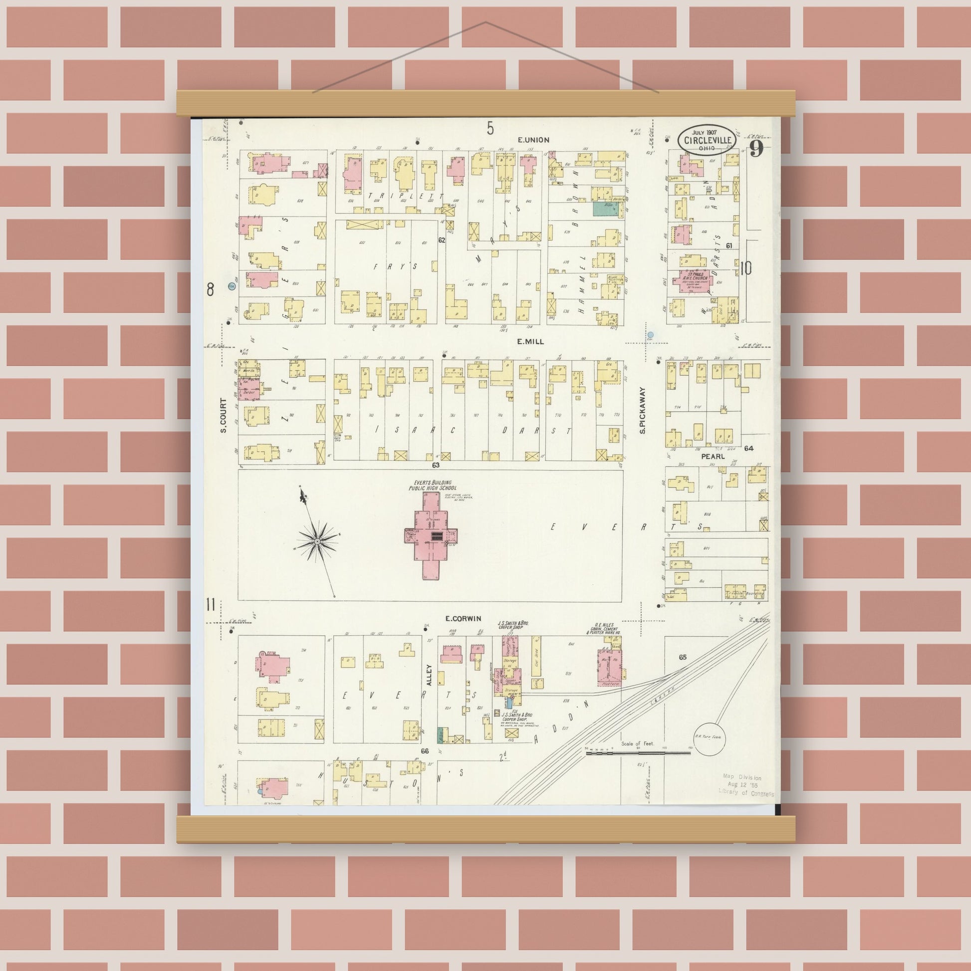 Old map wall art mockup — magnetic wood frame on brick wall — Sanborn Fire Insurance Map from Circleville, Pickaway County, Ohio (1907), Sheet #0009