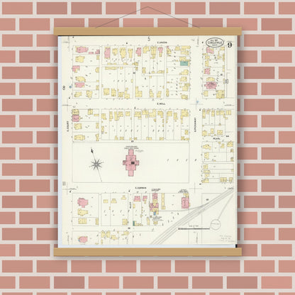 Old map wall art mockup — magnetic wood frame on brick wall — Sanborn Fire Insurance Map from Circleville, Pickaway County, Ohio (1907), Sheet #0009