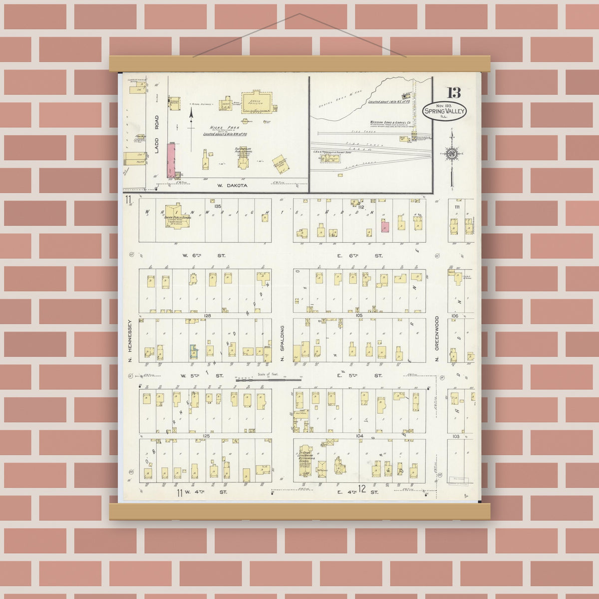 Old map wall art mockup — magnetic wood frame on brick wall — Sanborn Fire Insurance Map from Spring Valley, Bureau County, Illinois (1913), Sheet #0013