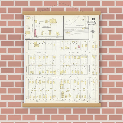 Old map wall art mockup — magnetic wood frame on brick wall — Sanborn Fire Insurance Map from Spring Valley, Bureau County, Illinois (1913), Sheet #0013