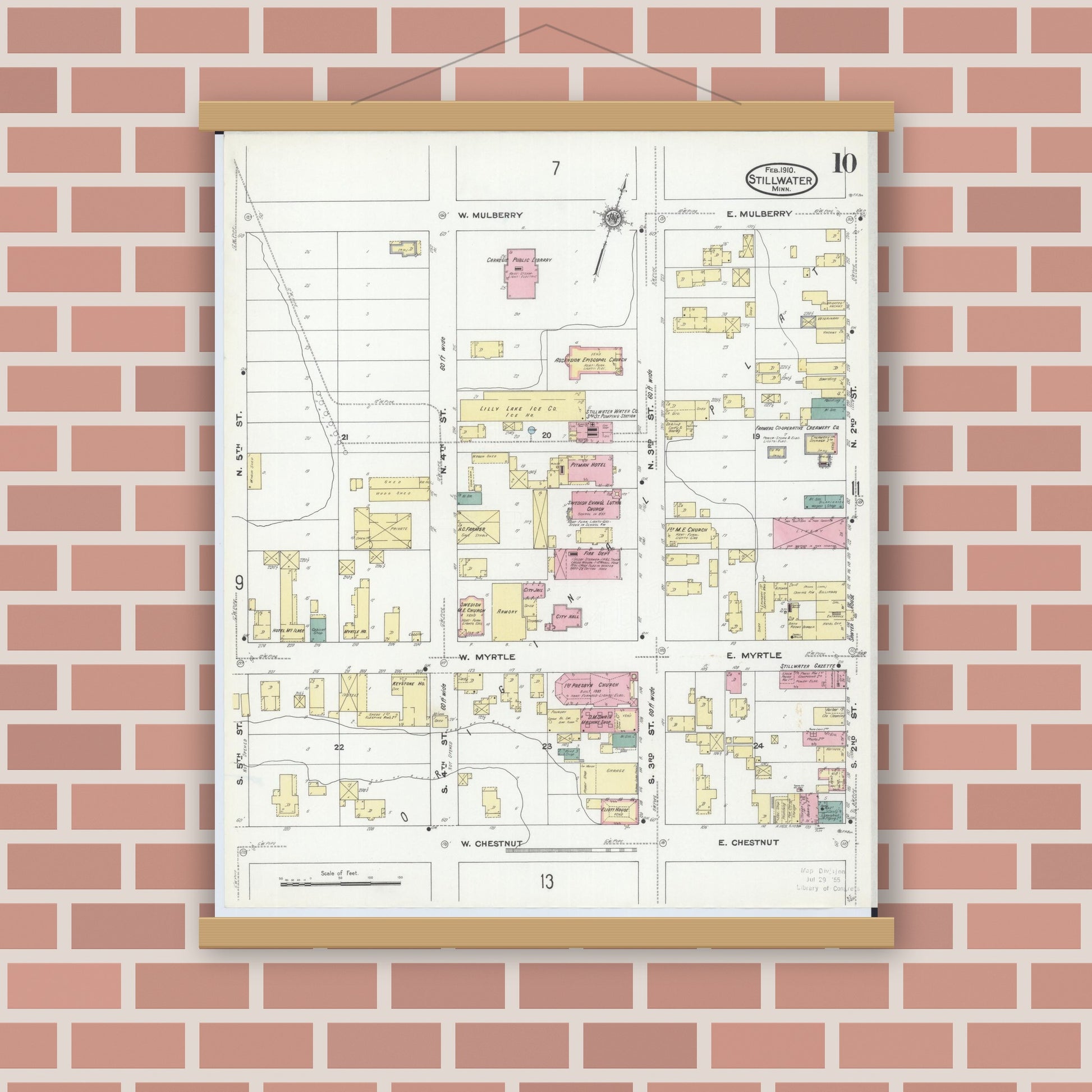 Old map wall art mockup — magnetic wood frame on brick wall — Sanborn Fire Insurance Map from Stillwater, Washington County, Minnesota (1910), Sheet #0010
