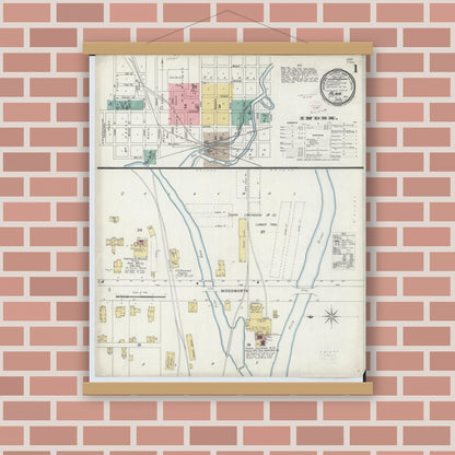 Old map wall art mockup — magnetic wood frame on brick wall — Sanborn Fire Insurance Map from Alma, Gratiot County, Michigan (1896), Sheet #0001
