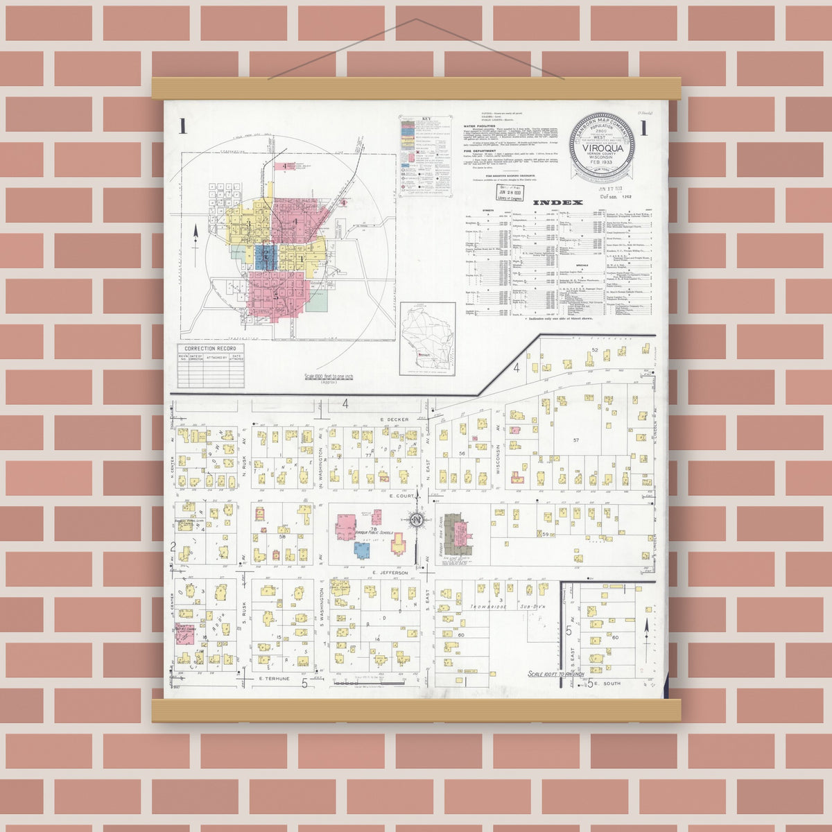 Old map wall art mockup — magnetic wood frame on brick wall — Sanborn Fire Insurance Map from Viroqua, Vernon County, Wisconsin (1933) - Complete Map Set