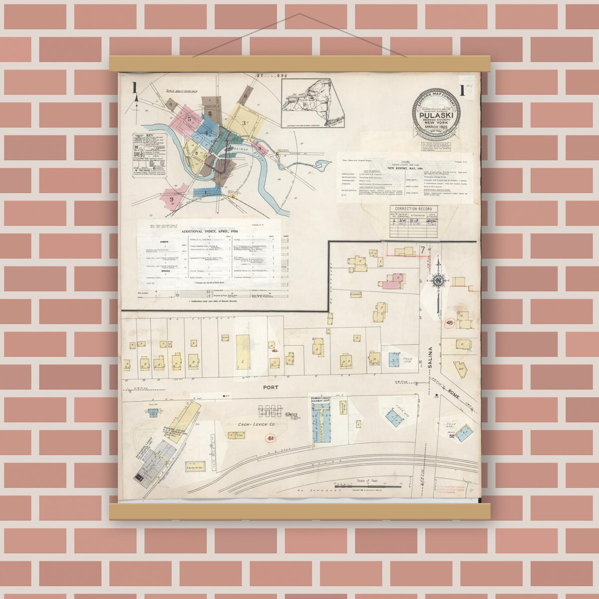 Old map wall art mockup — magnetic wood frame on brick wall — Sanborn Fire Insurance Map from Pulaski, Oswego County, New York (1959) - Complete Map Set