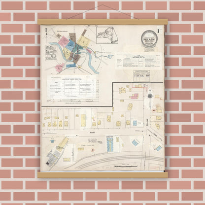 Old map wall art mockup — magnetic wood frame on brick wall — Sanborn Fire Insurance Map from Pulaski, Oswego County, New York (1959) - Complete Map Set